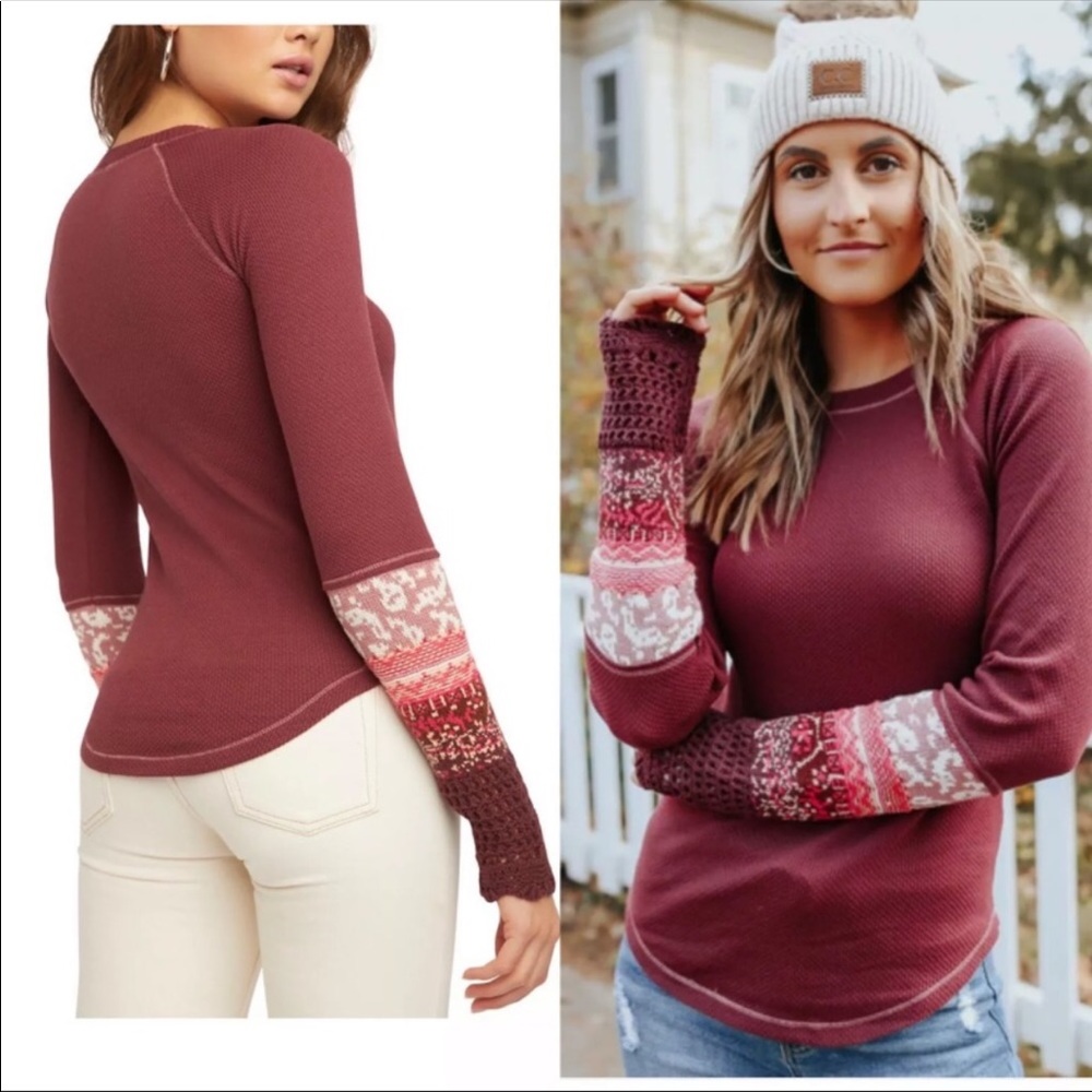NWOT Free People In the Mix Cuff Long Sleeve Thermal Top in Rio Vino Maroon Red